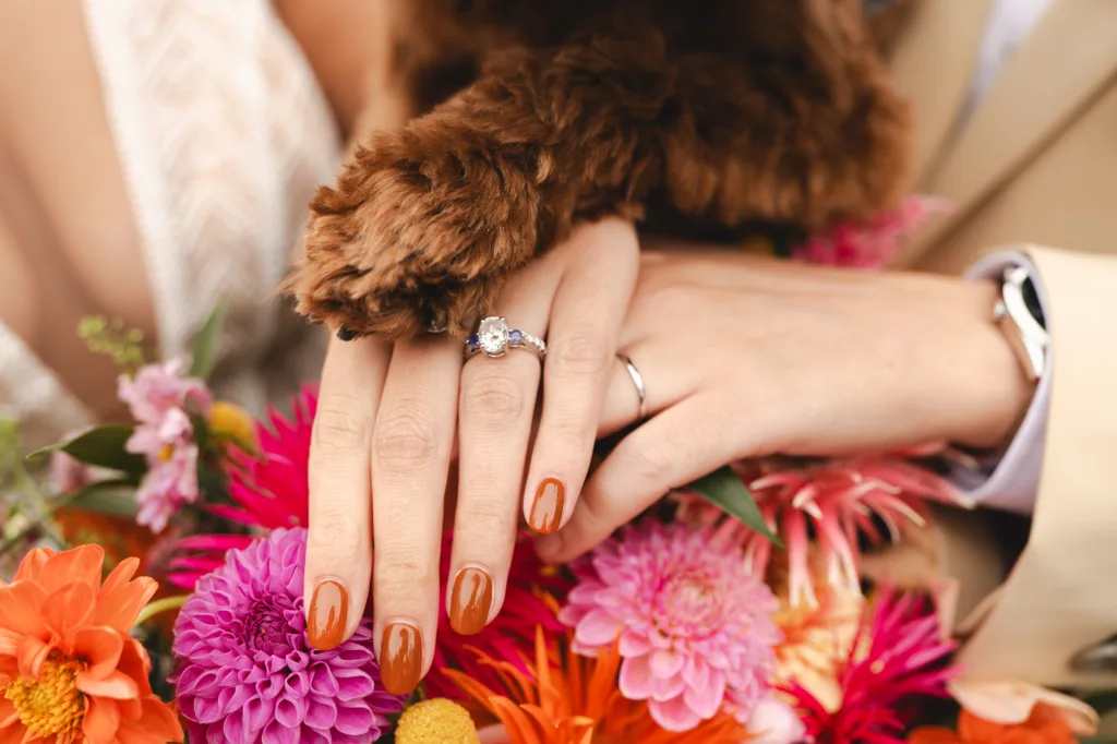 Two brides showing their wedding rings over a bouquet with a dog's paw at an Autumn themed wedding at Stallingborough Grange.