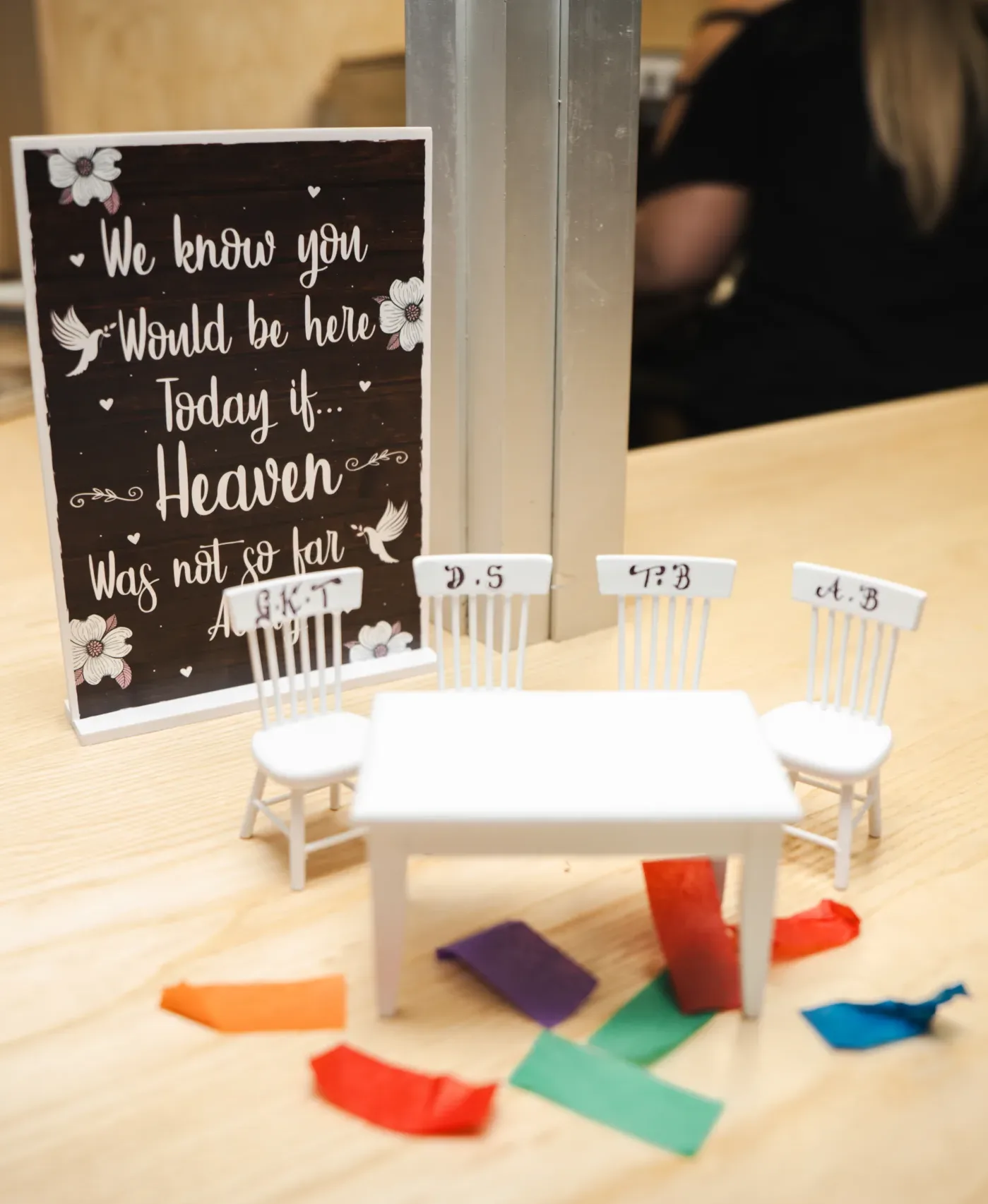 A table with chairs and a sign on it.