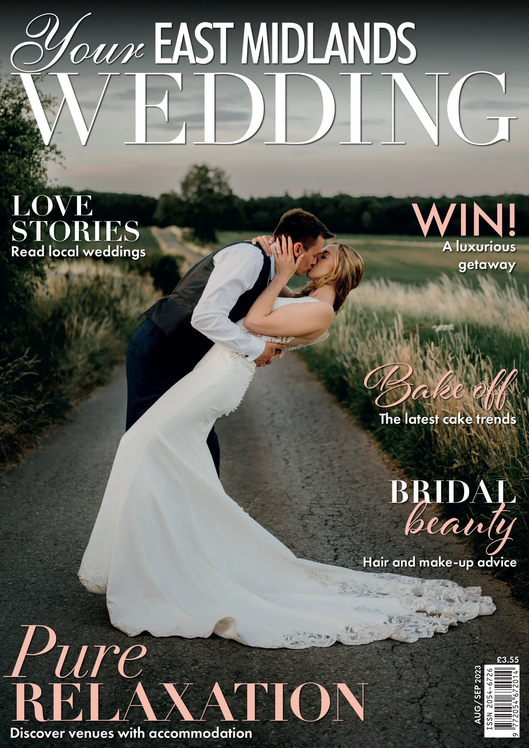 A man and woman sharing a passionate kiss gracing the cover of Your East Midlands Wedding magazine, captured by a talented wedding photographer from the East Midlands.