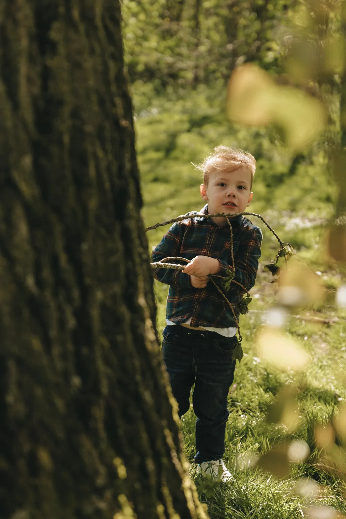 A young boy stands in a sunlit forest, partially obscured by tree trunks. he looks surprised, holding a small branch, and is dressed in a plaid shirt and jeans. bright green leaves frame the scene.