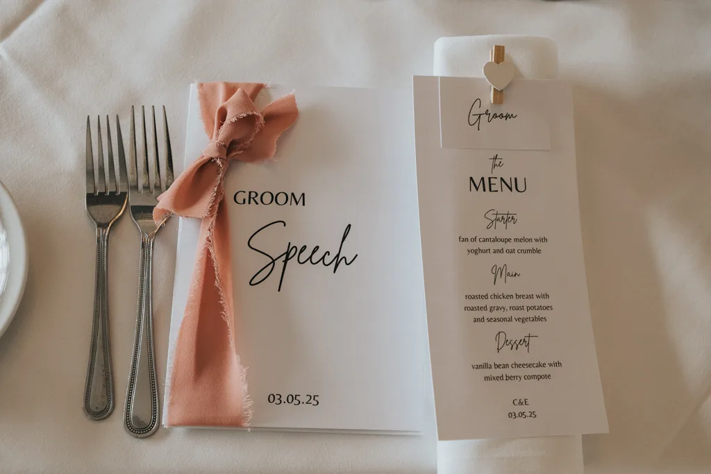 A wedding table setting at Brackenborough features two forks on the left, a napkin wrapped around a printed menu, and a "Groom Speech" card with a pink ribbon. The menu lists starters, mains, dessert, and the date 03.05.25 is shown. Perfect for photography lovers!. © Aimee Lince Photography - Wedding photographer in Lincolnshire, Yorkshire & Nottinghamshire