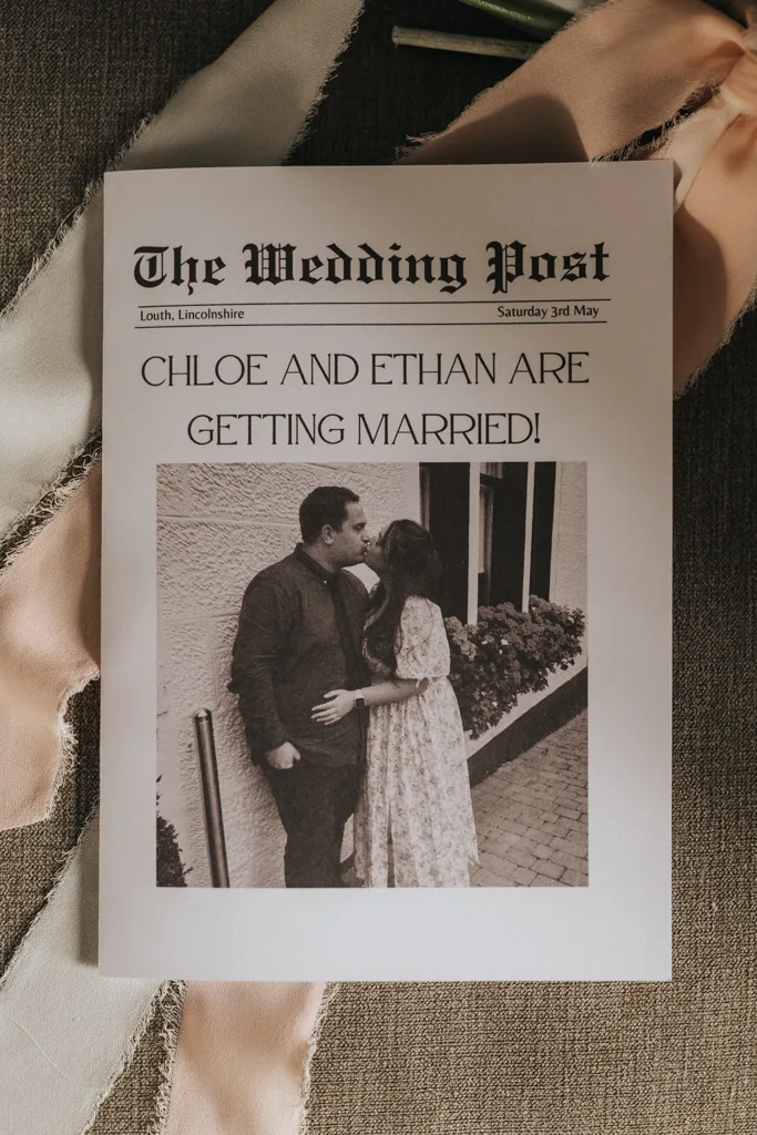 A mock newspaper titled “The Wedding Post” announces, “CHLOE AND ETHAN ARE GETTING MARRIED!” Above the headline is a sepia wedding photography shot of the couple, with blush pink ribbons and cream accents arranged around the page. © Aimee Lince Photography - Wedding photographer in Lincolnshire, Yorkshire & Nottinghamshire