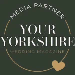 A dark green circular logo for the 2025 Page Footer features "MEDIA PARTNER" at the top, "YOUR YORKSHIRE" in bold white letters at center, and "WEDDING MAGAZINE" in gold below, accented by a gold outline circle and heart on the lower right. © Aimee Lince Photography - Wedding photographer in Lincolnshire, Yorkshire & Nottinghamshire