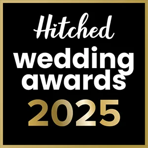 A black square with a gold border displays the text: “Hitched wedding awards 2025.” Perfect for your Page Footer, “Hitched” is in white cursive font, “wedding awards” in bold white, and “2025” shines in large gold at the bottom. © Aimee Lince Photography - Wedding photographer in Lincolnshire, Yorkshire & Nottinghamshire