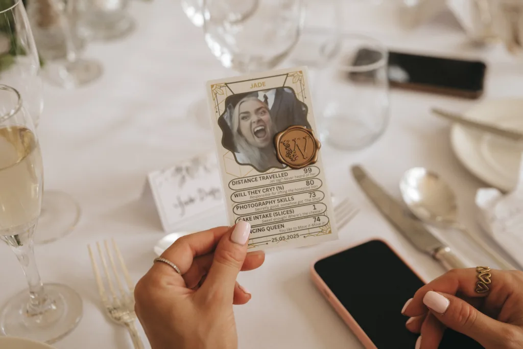 A person holds a custom card featuring a smiling woman’s photo and humorous stats at a decorated table with drinks, cutlery, a phone, and a name card. The card lists categories such as “Distance Travelled” and “Photography Skills.”. © Aimee Lince Photography - Wedding photographer in Lincolnshire, Yorkshire & Nottinghamshire
