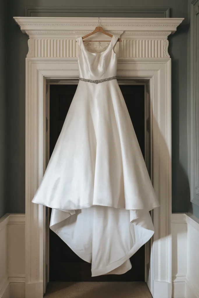 A sleeveless, white satin wedding dress with a fitted bodice, jeweled belt, and flared high-low hem hangs on a wooden hanger—perfect inspiration for any East Midlands wedding photographer seeking candid wedding photography moments. © Aimee Lince Photography - Wedding photographer in Lincolnshire, Yorkshire & Nottinghamshire