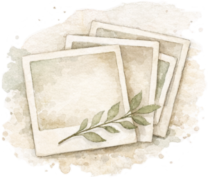 Watercolour illustration of three blank, vintage-style photo frames overlapping each other, with a small green leafy branch resting on top—a perfect touch for a wedding photographer’s portfolio, set against a soft, neutral background. © Aimee Lince Photography, Wedding photographer in Lincolnshire