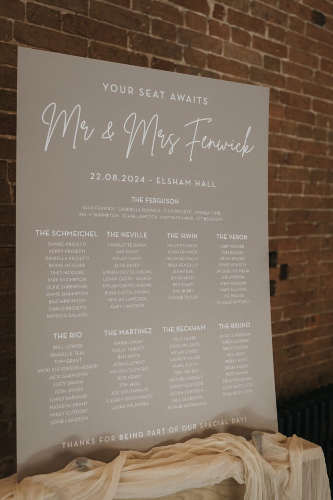 A taupe wedding seating chart against a brick wall lists guest names under table headings in white text. At the top, it reads "Your Seat Awaits Mr & Mrs Fenwick," with 22.08.2024 and Elsham Hall in elegant script—perfect for your wedding photographer to capture. © Aimee Lince Photography, Lincolnshire photographer
